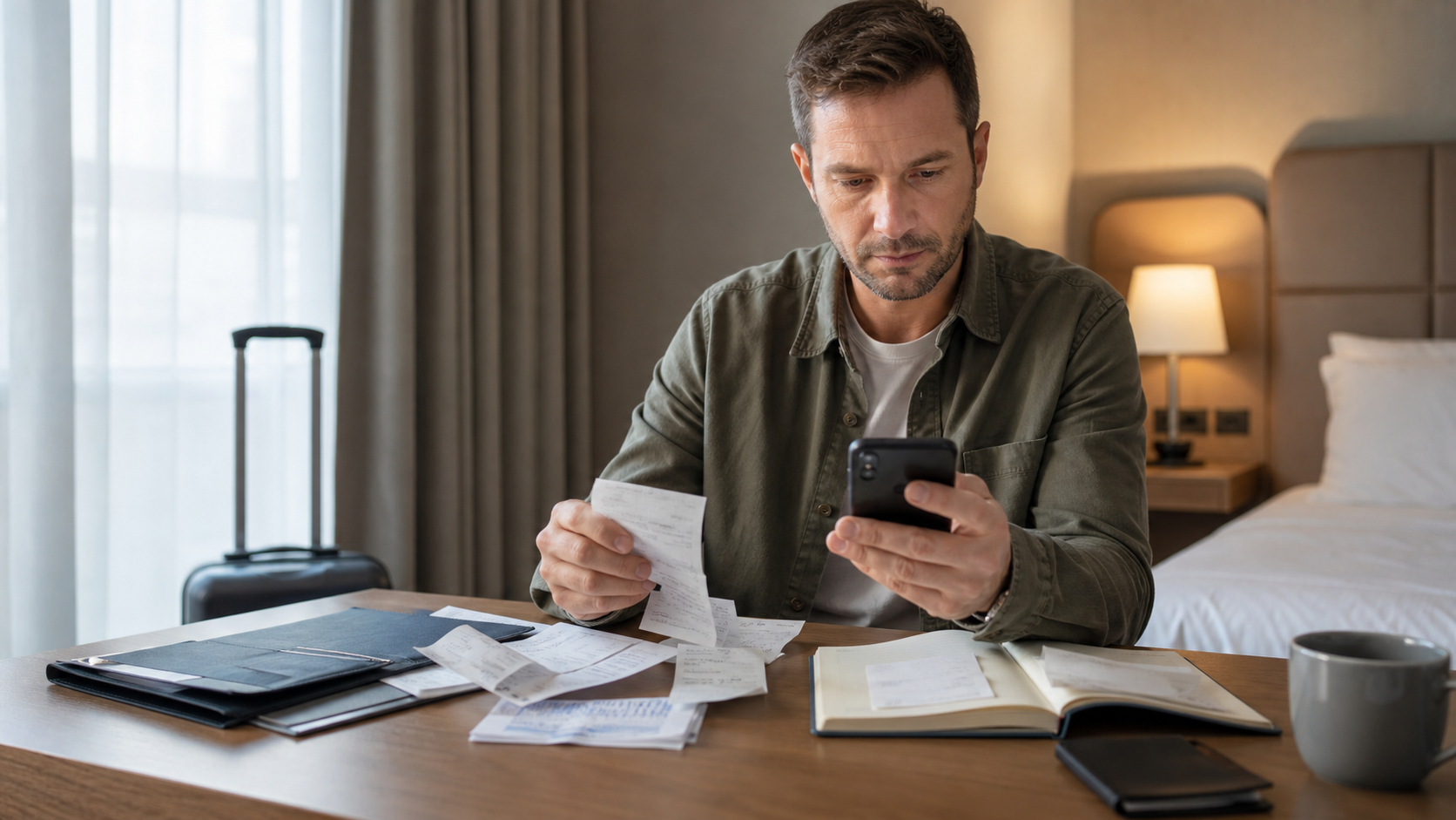 Viajante organiza recibos de atendimento médico e consulta o celular em um quarto de hotel