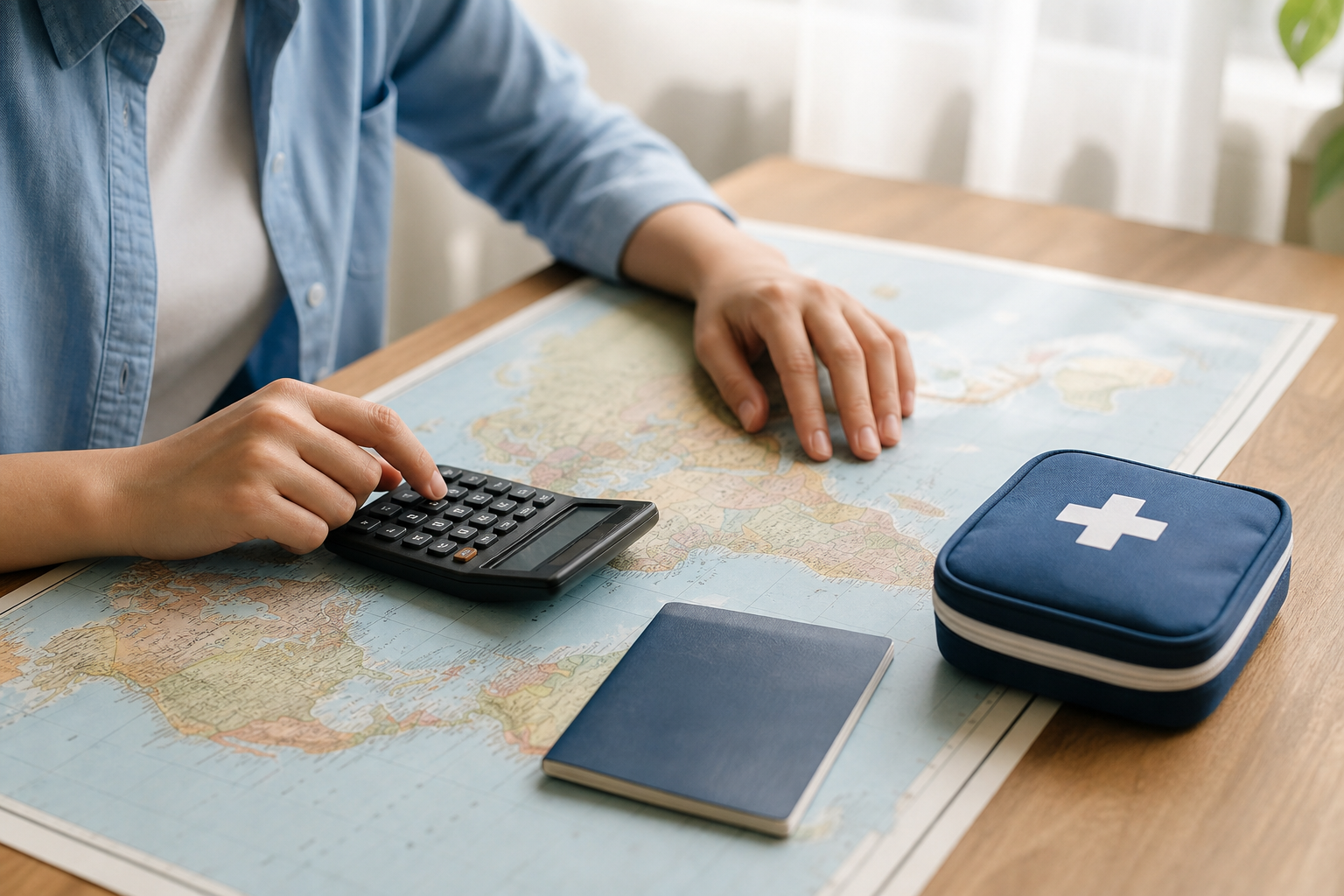 Planejamento de cobertura médica para viagem internacional com mapa e calculadora